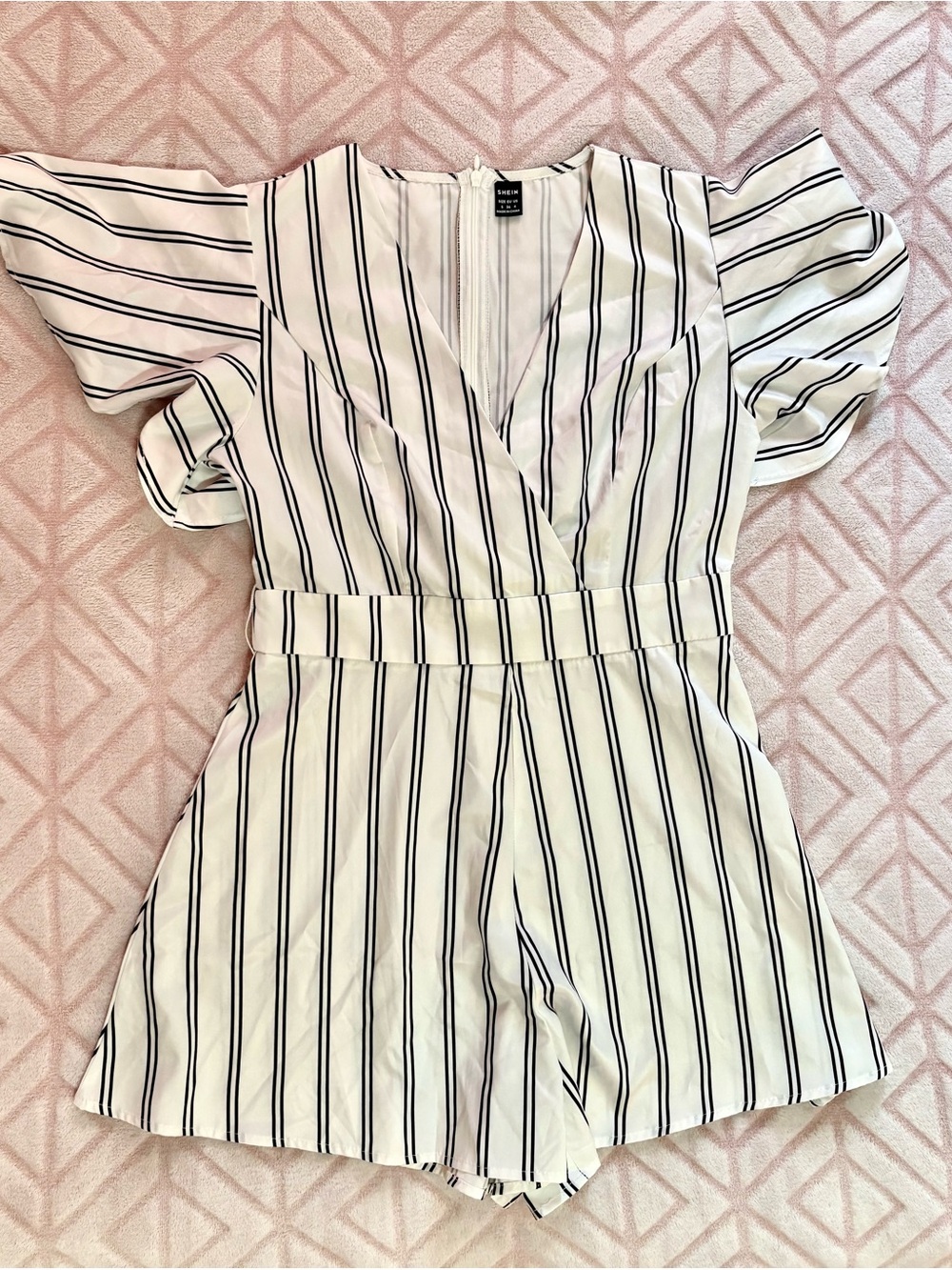 White & Black Vertical Stripe V-Neck Romper